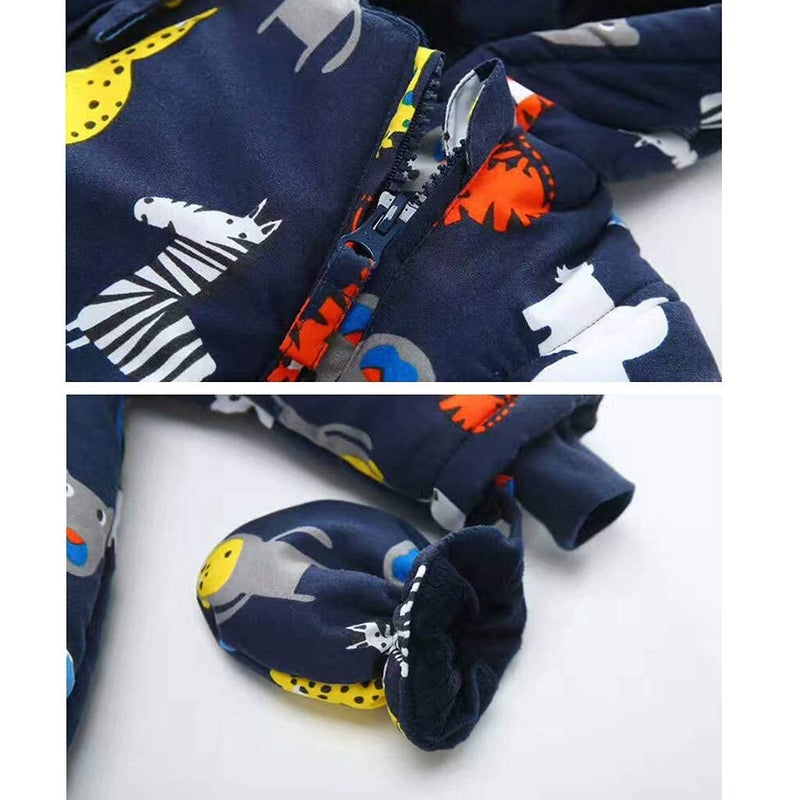 JiAmy Baby Snowsuit Baby Boys Girls Winter Hooded Clothes with Gloves Booties Toddler Cotton Jumpsuit Navy Blue 9-12 Months - Image 5